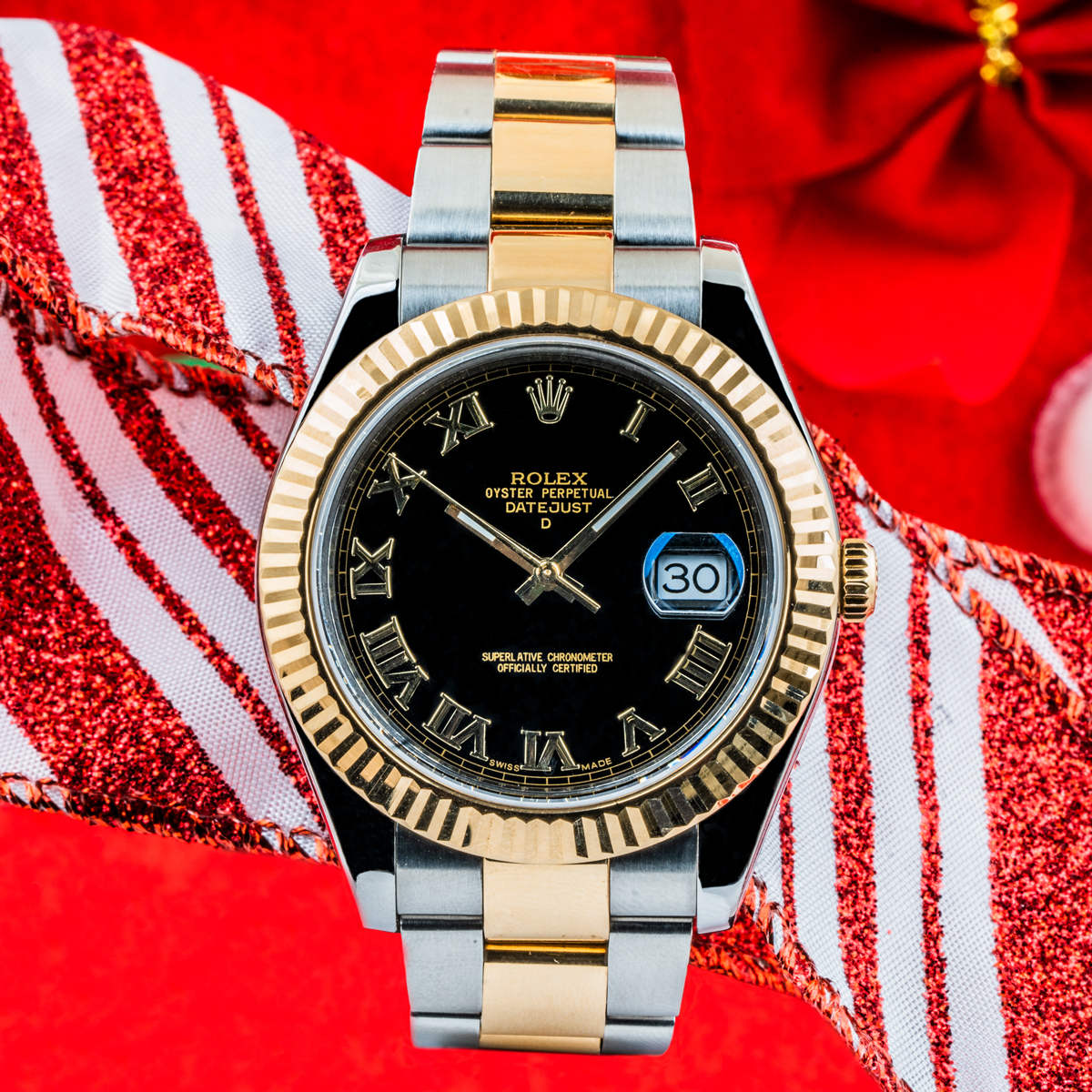 Pre-owned men's Rolex Datejust in yellow gold and stainless steel with a black Roman numeral dial.