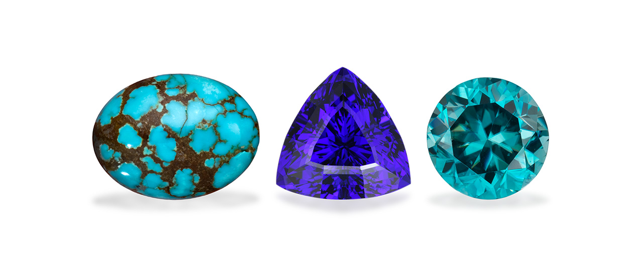 a suite of turquoise, tanzanite, and blue zircon